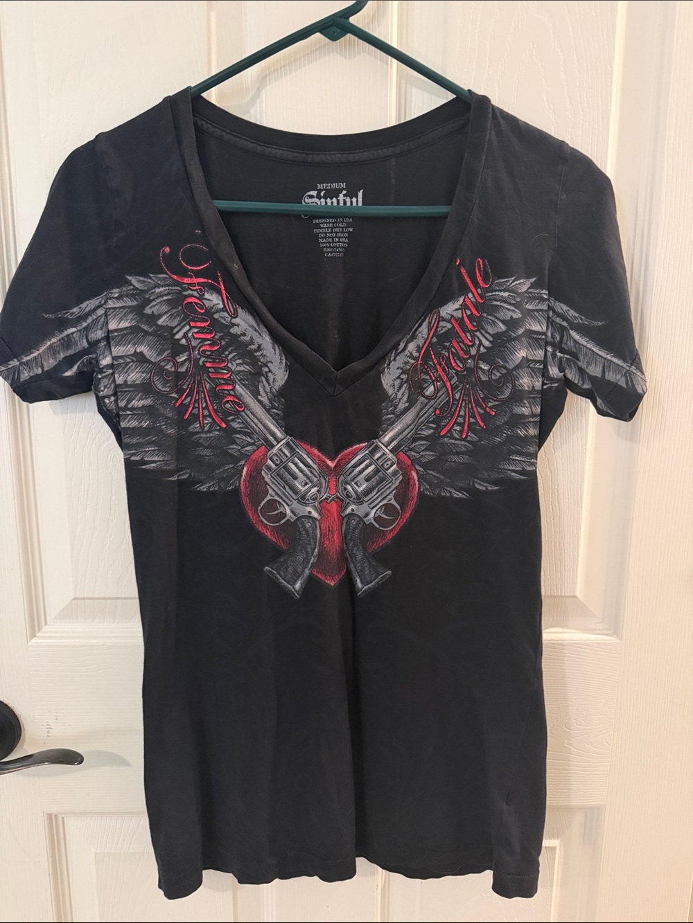 Sinful Black V-Neck Tee with Red & Gray Winged Guns Graphic